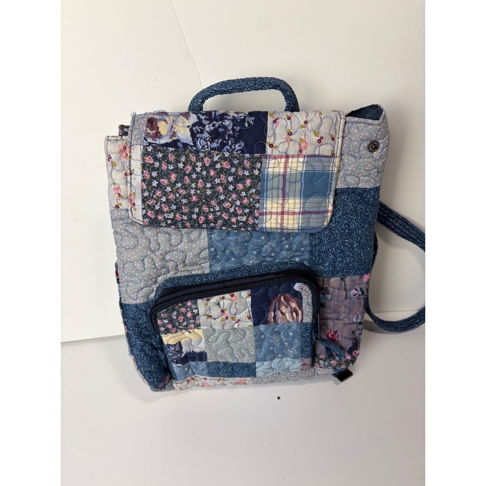 Donna Sharp Blue Patchwork Quilted Backpack Floral Plaid Cottagecore Small Bag